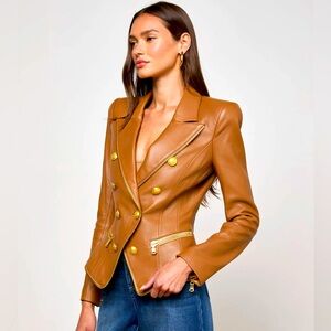 NWT L'Agence Ottilie Leather Blazer in Soft Cognac
